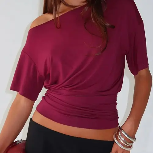 Women's Cinched Waist Asymmetrical One Shoulder Slim Fit Crop Top Sexy Casual Minimalist Solid Off The Shoulder Cropped T-Shirt Fitted