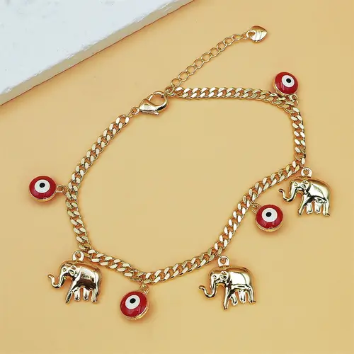 Women's Gold Plated Elegant Minimalist Bangle - Stackable Charm Bracelets with Dainty Devil's Eye & Elephant Charms, Adjustable Customizable Size Sports Wristbands, Elegant for Dressy Days Accessories