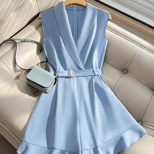 Summer Waist-Cinch Belted Sleeveless V-Neck Solid Fit Jumpsuit, Women's Elegant Feminine Flowy Jumpsuit with Belt, Fashionable Summer