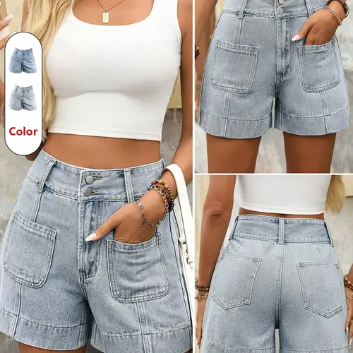 Women's Light Wash Denim Button Pocket Shorts with Pockets, High Waist Fitted Style, Casual Everyday Summer Wear, Comfortable and Fashionable, Perfect Daily Choice