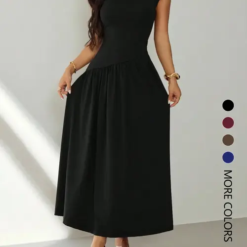 Women's Short-Sleeve Ruched Pleated Slim-Fit Solid-Color Casual Dress, Perfect for Dates, Parties, Clubs and Commuting, Womenswear
