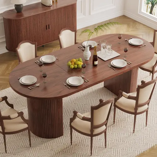 【Extendable Dining Table】ONBRILL 70.8 Inch Dining Table for 4-6, Oval Dining Room Table with Curved Fluted Wood Strip Base, Mid-Century Modern Kitchen Tables with Footpads, Dinner Tables for Living Room, Dining Room【SummerFinds】,dorm essentials,home decor