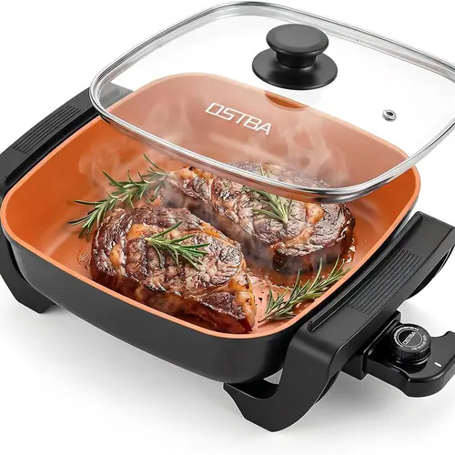 OSTBA Electric Skillet and Frying Pan with Glass Lid, 12"x12" Copper Nonstick Electric Pan for Cooking, 1500W Power, Cool Touch Handles, Adjustable Temperature, PTFE & PFOA Free,home essentials