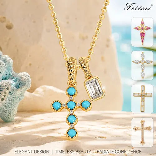 Fettero Women's Elegant Gold-Plated Cross Necklace - Dainty Faith Symbol Pendant with Turquoise or Crystal Marquise Cut, Female Daily Statement Jewelry for Layering, Christmas, Multiple Styles Artificial Gemstone Accessory