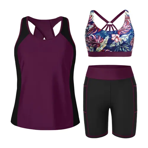 Tempt Me Women Three Piece Tankini Swimsuits - Athletic Bathing Suits Swim Tank Top with Boy Shorts and Bra Modest Swimwear
