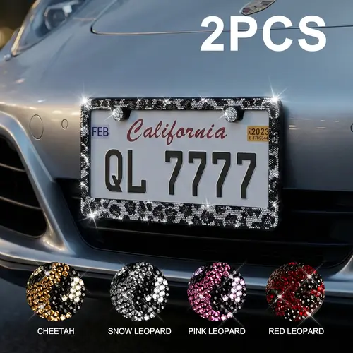 Queen’s Land 2PCS Bling Leopard License Plate Frames with Crystal Rhinestones, Sparkle Girly Car Accessories, Bling Car Decor for Girls Women Pink Red Black Leopard Car Accessories for Truck SUV