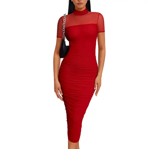 OYS Women's Summer Short Sleeve High Neck Mesh Sheer Ruched Bodycon Strech Midi Party Dress
