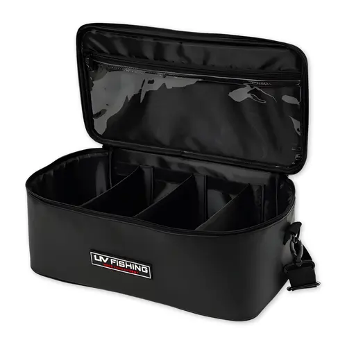 LIV FISHING Men's Functional Tackle Tote Bag - 16"x8"x7.5" (16 inches) Water-Resist Gear Fishing Equipment, Tackle Organizer with Adjustable Dividers, Shoulder Straps, Velcro Hooks, Internal Zip Pocket, Rugged Handle for Grab-and-Go Use