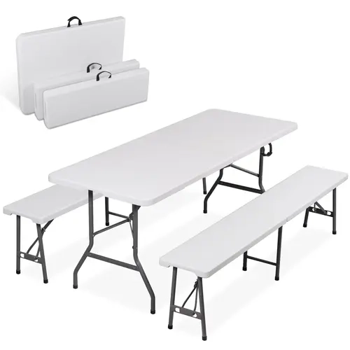 Segawe Classic 3-Piece Lightweight All-Weather Outdoor Patio Furniture Set - 6ft Folding HDPE&Steel Fully Assembled Set with 2 Benches, Handles, Stable Design for Back Porch, Backyard Relaxation, Deck Life, White