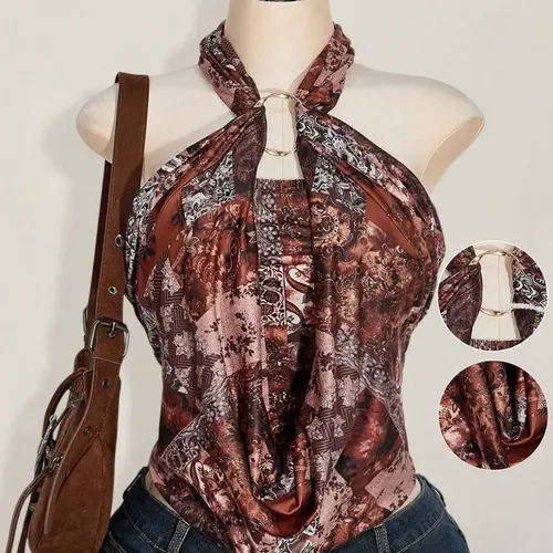 Women's Boho Halter Neck Top, Bohemian Vintage Style Floral Print Sleeveless Blouse, Casual Fitted Top for Beach Vacation, Party Wear, Floral Print Camisoles, Camisole Tops, Casual Beach Tank