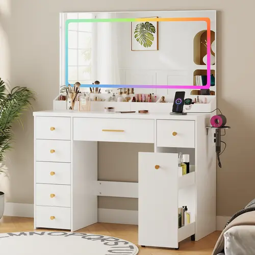 7-Drawer LED-Powered Vanity with Mirror, Lighted Makeup Vanity Desk, Bedroom Dressing Cabinet with Colorful LED Lights, Pull-Out Storage, Power Outlet, Furniture Gift Set for Girls, Led-Powered Makeup Vanities, Light-Up Makeup Vanities, Led Vanity Desk Ma