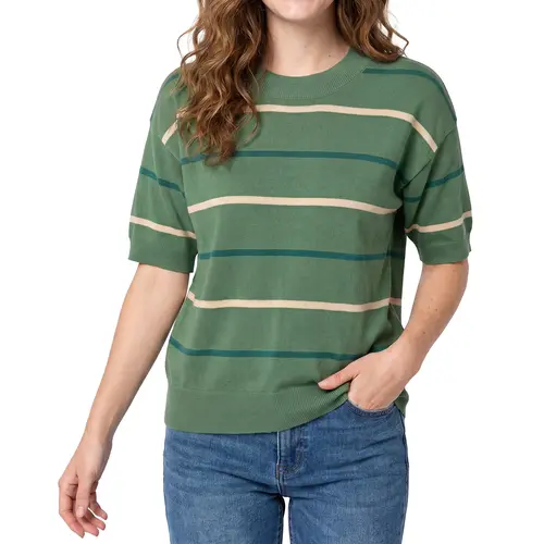 Shewin Women's Striped Knit Crew Neck Shortsleeve Pullover - Loose Fit, Ribbed Neck & Cuff, Casual Everyday Wear, Tops for Women, T Shirts