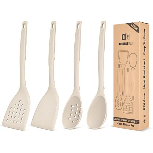 BUNDLEPRO 4-Piece Food Grade Silicone Cooking Utensils Set - Durable Non-Stick Solid Spatulas, Heat-Resistant Slotted Spoons, Hanging Back Hooks, BPA-Free Turner for Frying, Serving