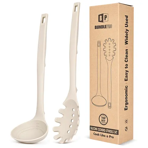BUNDLEPRO 2-Piece Hanging Silicone Kitchen Utensil Set - Pasta Fork and Soup Spoon, Heat-Resistant Non-Stick Tools with Back Hooks for Pot, Deep Bowls Cooking, Serving