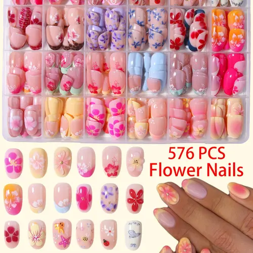 576pcs Short Oval 3D Gel Nail Tips, Mixed Floral Designs, Glossy Finish, Perfect for Daily Wear & Parties, Stylish False Nail Set for Manicure Nail Art, Decorative Nails, Nail Art Supplies