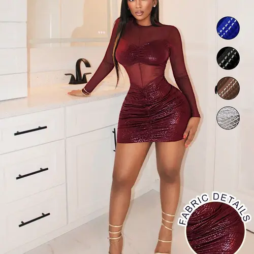 Sheer Mesh Long Sleeve Breathable Dress for Women, Chic Slim-Fitting Dress for Daily Wear, Date Nights & Parties