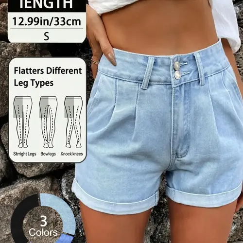 Elegant Fashion Summer High Waist Commuter Rolled Hem Denim Button Shorts, Women's Stylish Chic Casual Wear, Perfect for Daily