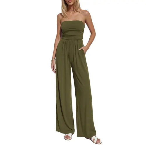 BTFBM Jumpsuits For Women Summer 2026 Beach Vacation Strapless Tube Top Jumpsuit Ruched Casual Wide Leg Pant Rompers