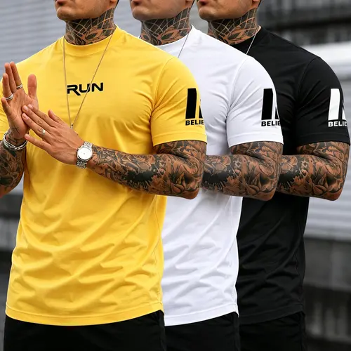 Men's Graphic T-Shirts - Slim-Fit Short-Sleeve Athletic Tops, Elastic Breathable Fabric, Multi-Color Options, Fitness Running Tops, Gym Workout Shirt for Daily Leisure & Sports