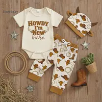 Baby Boy Western Outfit Set, 3-Piece Short Sleeve Cotton Romper with Cattle & Boots Print, Pants & Hat, Infant Clothing Gifts, Baby Clothing, Crew Neck, Outfit Sets, Short Sleeves, For Boys, Cow Print, Polyester, Western Theme, Set Includes Hat, Gift Sets