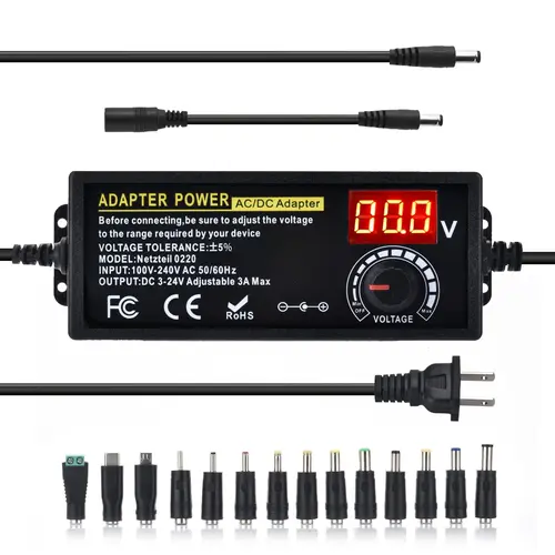 GJANSH Adjustable Universal Power Supply 3V-24V 3A Max (72W), AC to DC Adapter with 14 Tips & Reverse Polarity Cable, LCD Digital Display, Multi-Voltage Plug Converter for Electronics toolupgrade