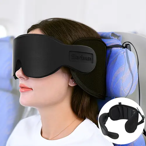 SARISUN Travel Neck Cushion - 360° Head Cradle Bobble Stopper for Long Flights (5+ Hours, Non-Budget Airlines), Lightweight Compact Silky Texture Set with Sleep Mask & Head Pad Strap