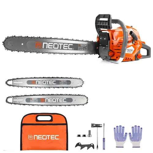 【toolupgrade】NEOTEC 58cc/68cc Gas Powered Chainsaw  2-Cycle Handheld Tool for Homeowners,  Lowkickback Safety, 4.5hp Power, High-Hardness Guide Bar, Tree Felling & Backyard Cleanup, Gloves & Stainless Steel/Plastic Accessories
