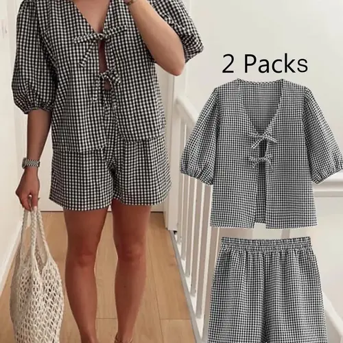 Women's Casual Bubble Sleeve Ruffle Shirt Tie Front Top Shorts Set, Plaid Pattern, Fitted Regular Length, 2 Piece Summer Matching Set