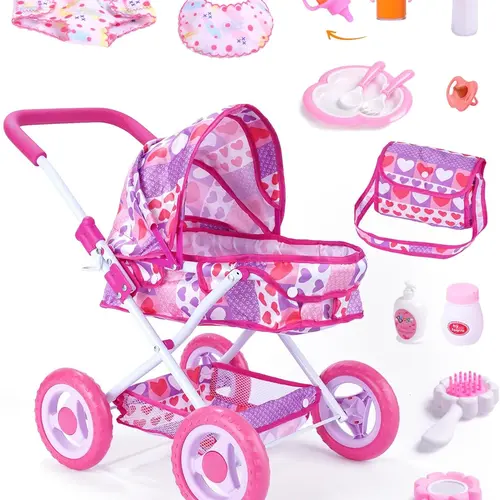 #sohochic BABESIDE Baby Doll Stroller Accessories Set,Suitable for 12-inch dolls, 10 Pcs Doll Stroller with Foldable Design, Baby Doll Accessories for Pretend Play, Feeding & Care Playset, Gift for kids Ages 3yrs+ (Doll Not Included