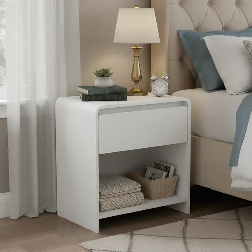 Spaco Modern Nightstand with Charging Station - 23" Width Minimalist Casual Rectangle Pedestal Wood End Table, Child-Friendly Curved Dual-Use Drawer & Open Shelf Dual Storage, Modern Accent Table for Small Spaces Dorm Room Ideas, White Indoor Furniture, M