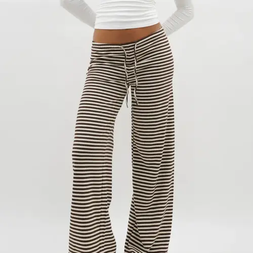 Women's Y2K Striped Wide Leg Pants, Elastic Waisted Trousers, Comfortable Loose Casual Trousers, Drop Waist Design in Caramel Chocolate Color for All Seasons