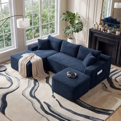 Niccae 3-Seat Small-Scale U-Shaped Compact Modular Sectional Sofa - Textured Corduroy Fabric, Modern Minimalist, Ultimate Comfort, Space-Saving, Pre-Assembled, Convertible to Bed, Sofas for Living Room, Great for Apartments