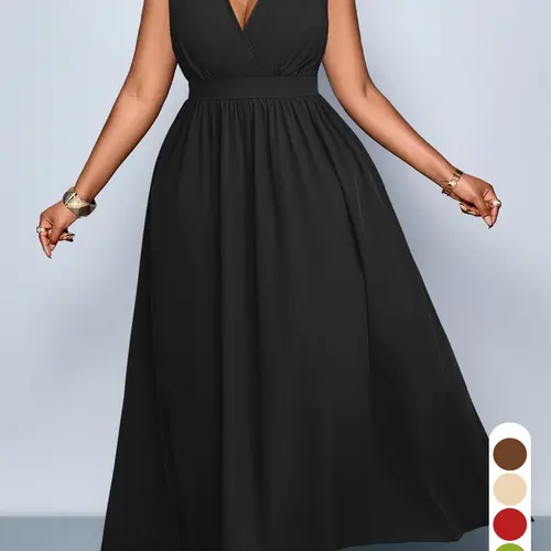 Plus Size Women's Elegant Chic Casual Sleeveless High Waist A-Line Dress, Sexy Solid Color V-Neck Fitted Dress for Spring & Summer, Womenswear