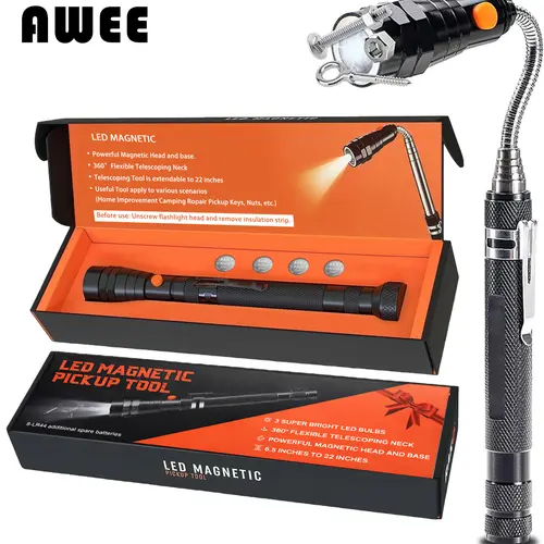 AWEE Extendable Magnetic Flashlight with Telescoping Magnet Pickup Tool- Cool Gadget Valentines Day Gifts for Him, Men, Teen Boys, Husband, Dad, Father, Mechanic, Women, Black