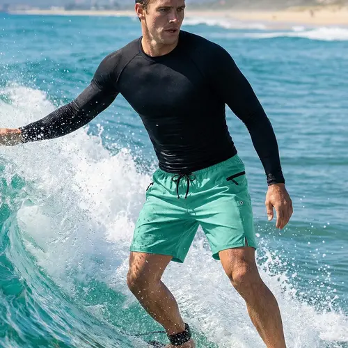 Men's Casual Sporty Surfing Suit, 2 Piece Beach Clothing Set, Round Neck Long Sleeve Rash Guard Quick-Dry Breathable Tight Fit T-Shirt + Beach Shorts Board Shorts with Zipper Side Pockets and Mesh Lining, Sporty Style Clothes