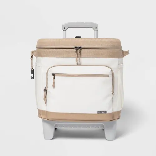 Embark Cooler 26QT Portable Soft Sided Roller Tan Cup Holder Wheels