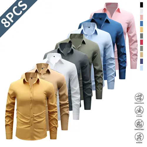 Men's 8-Pack Solid Fitted Dress Shirts, Long Sleeve Collared Button-Up in Stretch Fabric for Muscular Men, Casual & Business Basics, Menswear, Work Fashion, Slim-Fitting