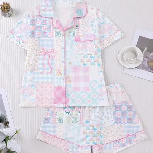 【Valentine's Day】Women's Casual Cartoon Print Sleepwear Set, Comfortable Short Sleeve Top & Elastic Shorts, Perfect for Spring Summer, Valentine's Gift