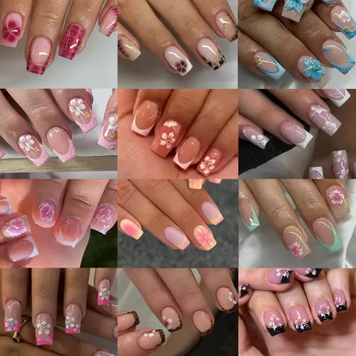 288pcs Short Square 3D Gel Nail Set, Mixed Colors Gel Nail Tips, Easy-to-Wear Flower Nails, Perfect for Summer, French Acrylic Pressed On Nails for Women & Girls