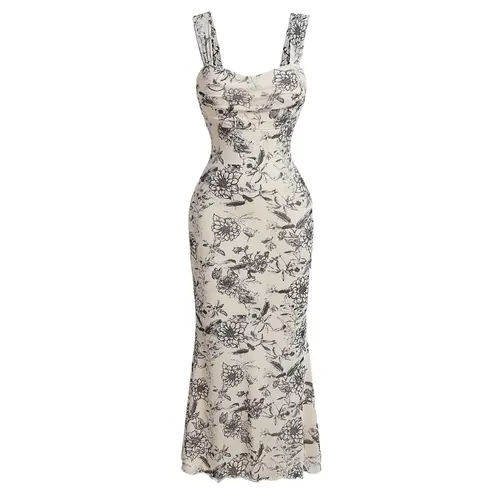 HYZ Women's Summer Floral Print Square Neck Mesh Sleeveless Bodycon Midi Party Dress