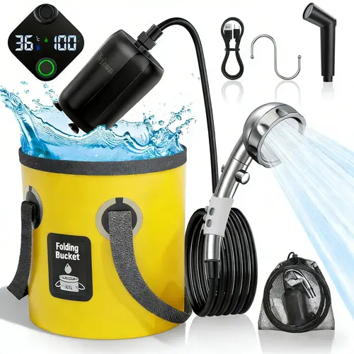 Compact Outdoor Camping Shower Kit, Rechargeable Showerhead with Batteries, LED Display, Adjustable Head & Collapsible Bucket for Camping, Pet Washing