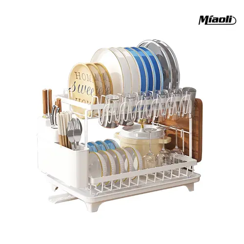 Miaoli Double-Layer Heavy-Duty Metal Dish Rack - Space-Saving Kitchen Counter Top Organiser with 2 Shelves, Utensil Holder, Cup Hooks, Bowl Storage, Easy Installation, Rust-Resistant Metal Feels Solid and Lasting, Ideal for Compact Kitchens, Rust-Resistan
