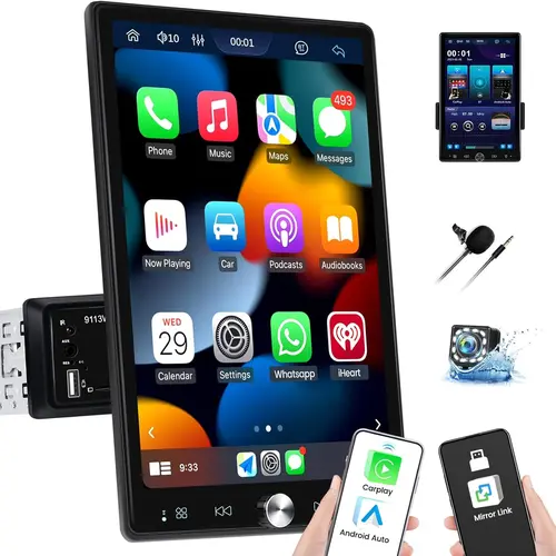 10.4 inch Single Din Car Stereo with Wireless Carplay Android Auto, 1080P IPS Vertical Touch Screen,5.2 Bluetooth, 12LED Backup Camera,FM Radio,USB/AUX,Mirror Link,SWC,SummerVibes, Wireless Carplay Screen, Car Screen Carplay