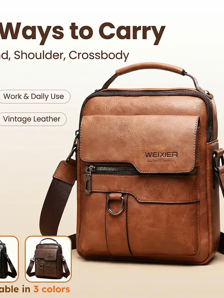 WEIXIER Men's PU Leather Crossbody Shoulder Bag - Retro Street Style, Large Capacity Commuter Travel Bag with Adjustable Strap, Ideal for Work Accessories, Father's Day Mens Gifts,father'sdaygifts