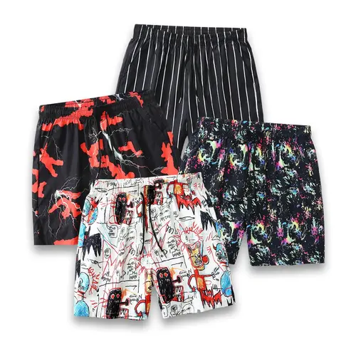 Men's Summer Casual Graphic Multi-Pack Adjust-Fit Color-Mixed Paint-Splattered Shorts - Drawstring Tie, Stripe, Graffiti, Color Splash, Ink-Splatter Lightning Patterns, Streetwear Ready, Chic Look, Ideal for Travel, Menswear Bottoms, Graphic Men's Shorts