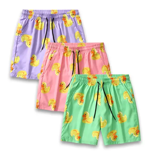 Men's 3-Pack Lightweight Duck Graphic Elastic Waist Pullstring Shorts - Adjustable Bottoms, Easy Elastic Waist, Pullstring Tie, Comfy Beachy Bottoms for Casual Summer Wear & Beach Vacations