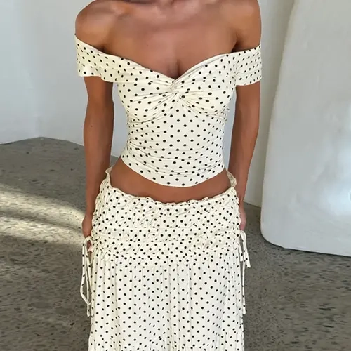 Women's Summer Short Sleeve Top & High Waisted Long Skirt, Polka Dot Two Piece Outfit Set for Beach Vacation, Summer Matching Sets, Clothes and Skirt Sets