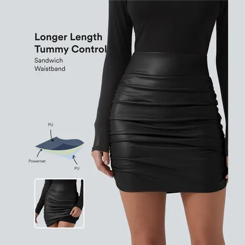Halara High Waisted Tummy Control Ruched Curved Hem 2-in-1 Fleece PU Mini Bodycon Party Skirt-Longer Length #BackToSchool