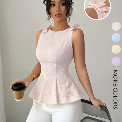 New Women's Woven Textured Floral Fabric Sleeveless Ruffled Vest Top, Bow Shoulder Strap Design, Waist-Cinching Fitted Hem with Ruffles, Fashion Versatile Feminine Elegant Style