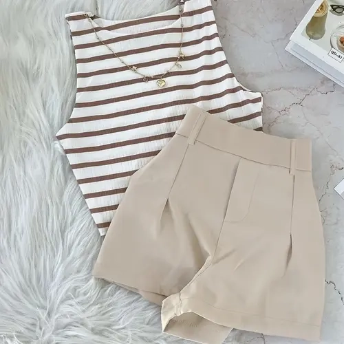 Women's Korean-Style Striped Round-Neck Sleeveless Cropped Vest Top Set with High-Waisted Shorts, Casual Everyday Summer Outfit
